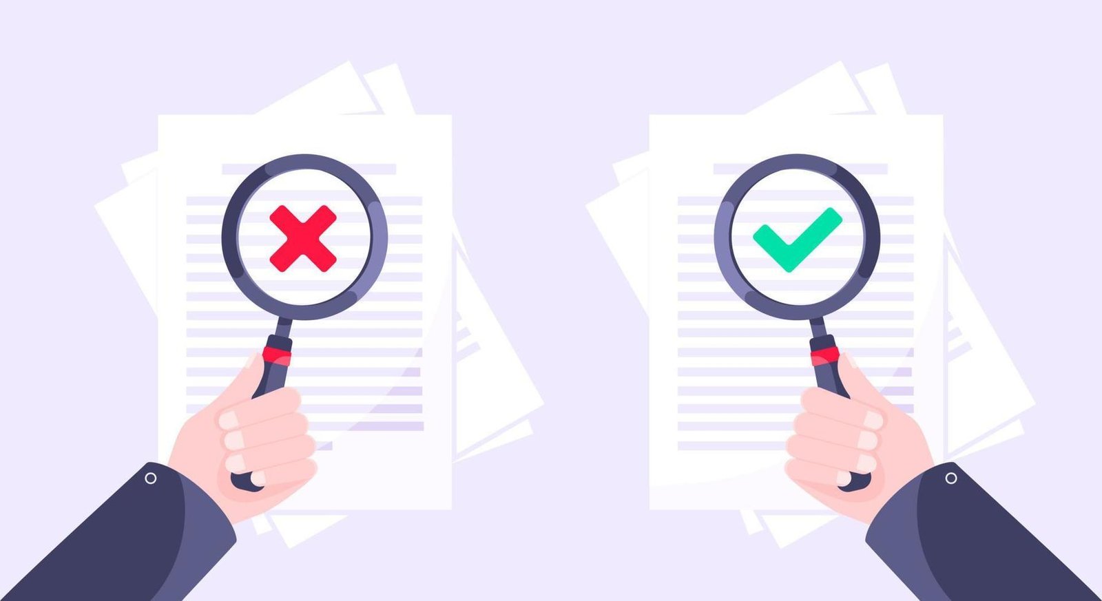 correct-and-reject-document-verification-concept-with-paper-sheets-and-check-mark-tick-and-x-on-it-vector